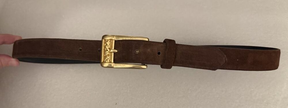 VTG Express Suede Leather Gold Brass Ornate Buckle Belt 32 Leather Brown L